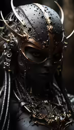 a black and gold makeup with horns and beads
