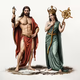 a picture of two statues of men, one with a beard and a crown on