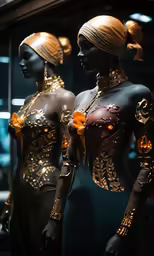 a set of mannequins in gold and black colored costumes