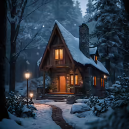 a home is lit up with lights in the snow