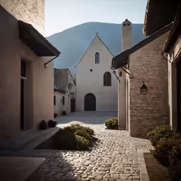 an outdoor courtyard with cobblestone path leading into a church