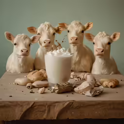 a group of three cows with their heads up and milk in the middle