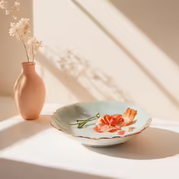 an artistically designed bowl and vase sits on a table