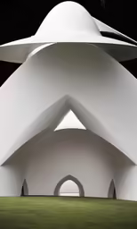 the inside of a white building in front of a dark sky