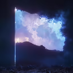 a tall column in a night sky and a bright cloud