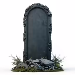 a grave with rocks and grass in front