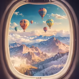 the view from inside the window of an airplane, of mountains and hot air balloons