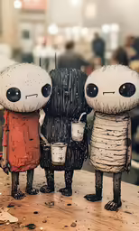 three different sized toy animals holding pots in their hands