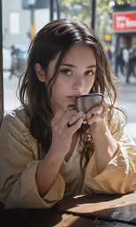 a woman sitting at a table looking at a smart phone