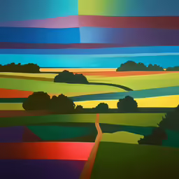 a painting with a color palette of green, red, yellow, purple and blue