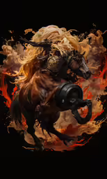 a horse riding on fire with an armor over his head