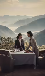 two women on an overlook having dinner together