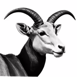 a horned animal looking straight ahead with long horns