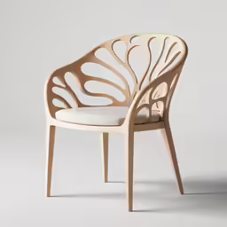 an outdoor chair with carved pattern, upholstered to the back and a white cushion
