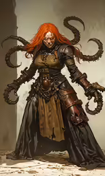 a digital image of a female character dressed in black and brown