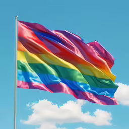rainbow flag blowing in the wind with blue sky in background