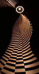 a series of curved black and white stairs with lights above them
