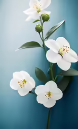 white flowers are in a blue vase on the wall