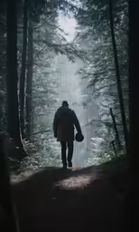 a man walking through the forest carrying something