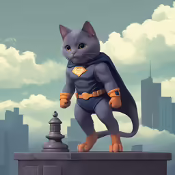 a cat dressed as the batman standing on top of a fence