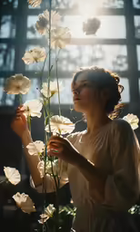 a woman is holding white flowers and looking up