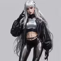 a woman with white hair wearing a cat suit