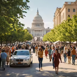 a woman walking down a road near a large building