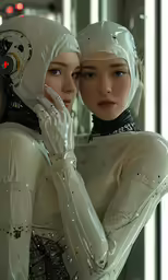 two women in futuristic clothing looking at a mirror