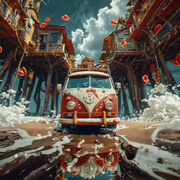 a small red and white bus drives through the water