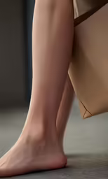 a close up of the leg of a woman with her purse on
