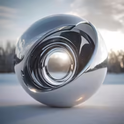 silver sphere on white snow with sunset in the background