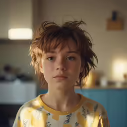 a boy in a yellow shirt is staring ahead