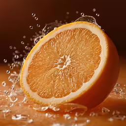 an orange is displayed with water splashing from it