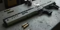 a gun, bullet and some ammolls are sitting on a table