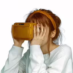 a woman with her hands on top of the camera