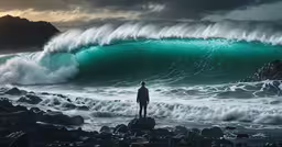 a man standing on the edge of the ocean while looking at an ocean wave,man standing on rocks in front of huge wave