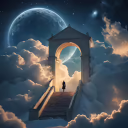 a staircase going up to an arch in the sky