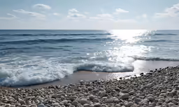 the waves are coming up to a rocky beach