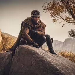 a man sitting on top of a large rock wearing a helmet