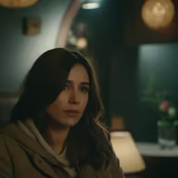 a woman in a brown coat with a green vase in the background