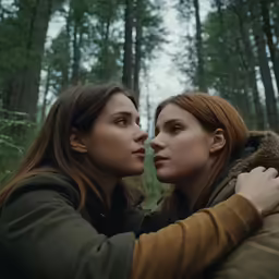two young women are in the forest embracing