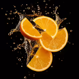 the slices of oranges are in water splashing on the surface