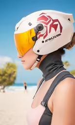 a women who has her helmet up is standing on the beach