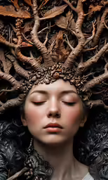a woman with a tree on her head and branches in the background