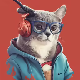 a cat with headphones and hoodie wearing a pair of glasses