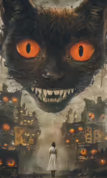a woman with bright orange eyes stands in front of a demonic monster with a human head