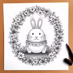 a pen drawing of a bunny sitting in front of a circle