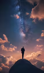 a person standing on a snow covered hill under a star filled sky