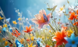 an insect is perched on the colorful flowers