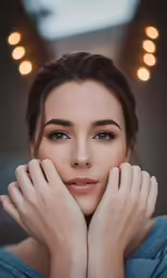 woman with blue eyes posing for a picture in a photo studio
